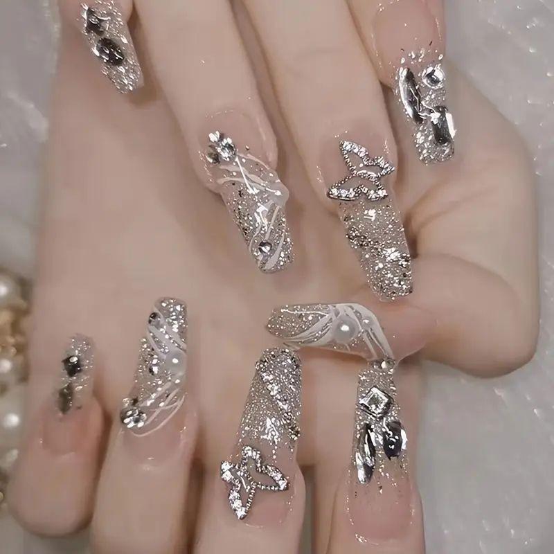 Nail Art Wearing Nail Simple Fashion Fresh Glitter Lines Butterfly Long Ballet Wearing Nail Jelly glue + rubbing strips*3pcs