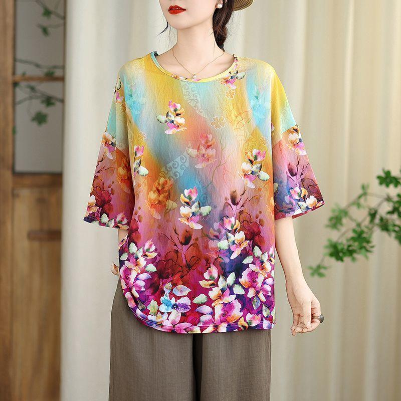 Women's Cotton Linen Printed T-Shirt Summer Thin Short Sleeve Loose Round Neck T-Shirt Top