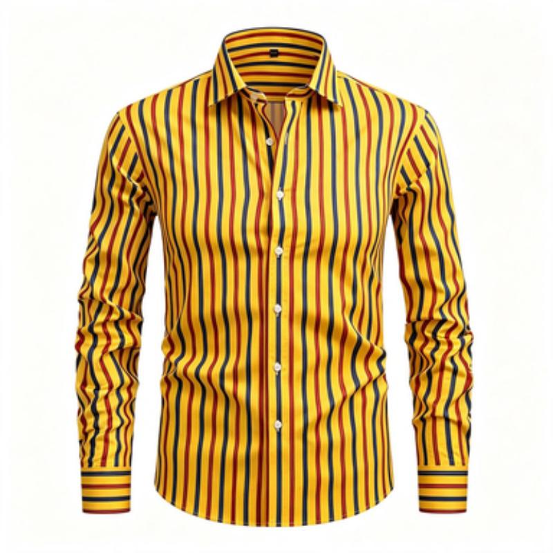 Men's Long Sleeved Shirt, Simple Men's Vertical Stripe Printed Long Sleeved Shirt, Vertical Line Lapel Shirt, European and Ameri