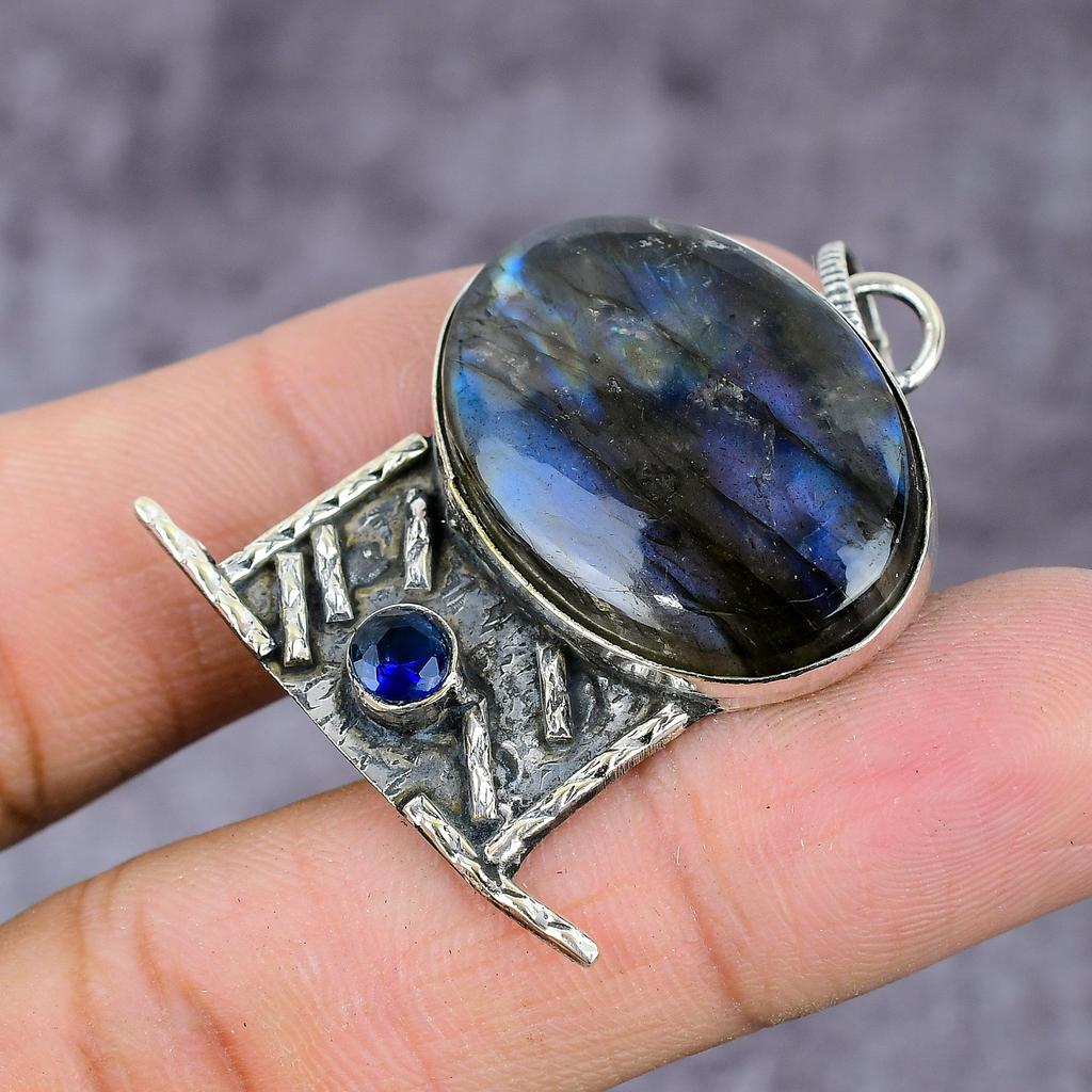 Natural Labradorite, Blue Topaz Gemstone 925 Sterling Silver Pendant 2.27" ET-1498
