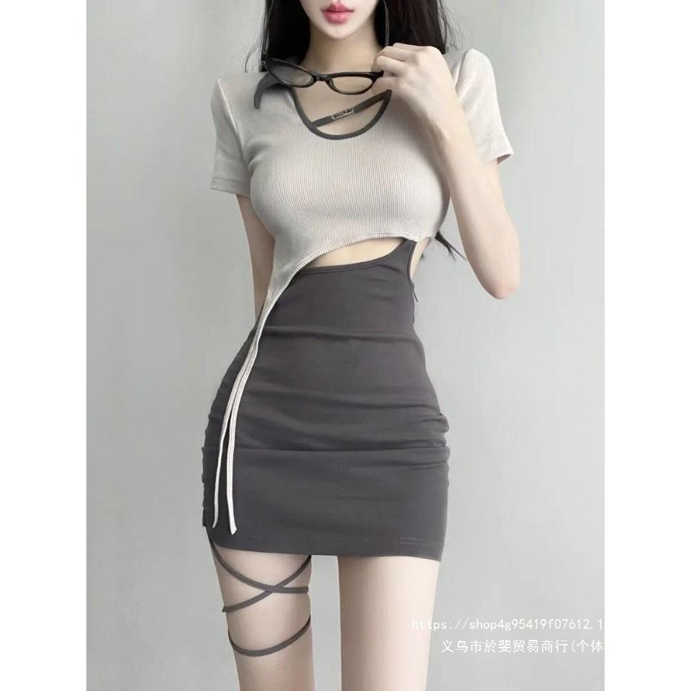 Hollow waist sexy dress high-end fake two-piece contrasting color hip skirt sweet hottie strap splicing short skirt
