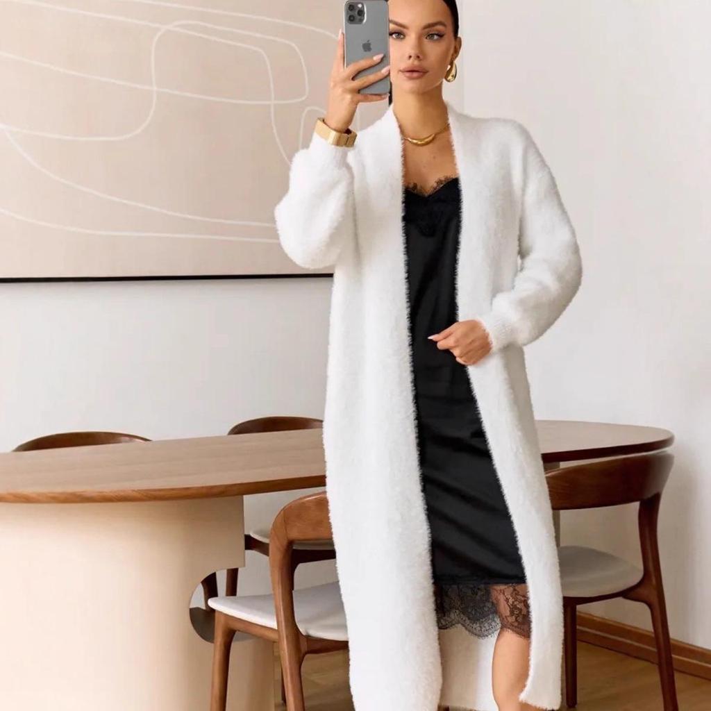 Women's White Long Faux Mink Fur Cardigan Sweater - Soft, Fluffy, and Thick for Autumn and Winter