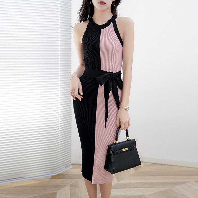 Dámské letní žakárové pletené strečové zeštíhlující patchworkové šaty na zavazování