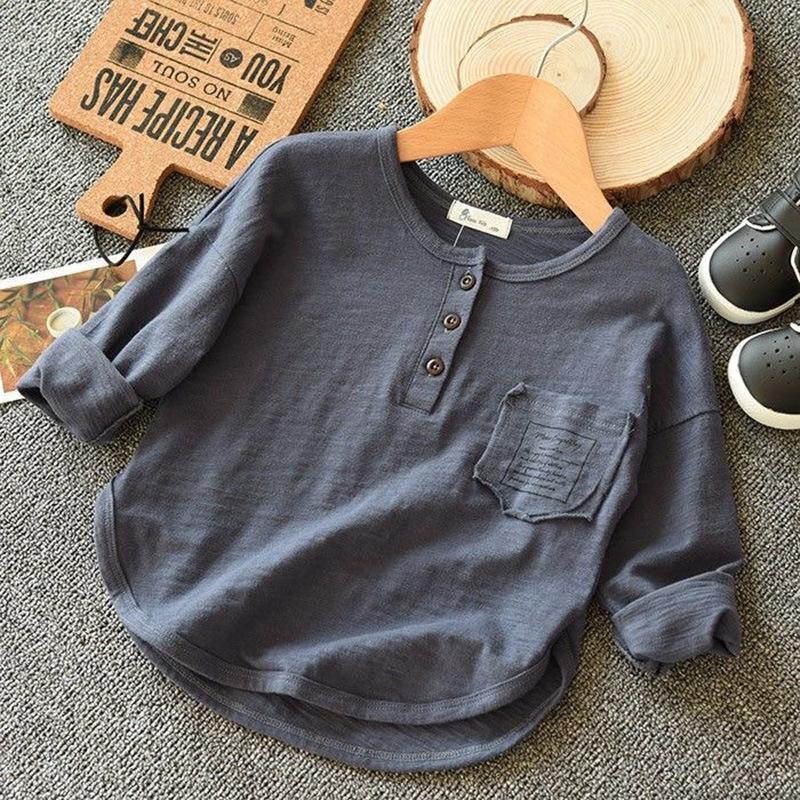 

Футболки с длинным рукавом и пуговицами для мальчиков, однотонные, весна-осень, с карманами с надписями, детские нижние рубашки, топы для мальчиков 160 (height 150-155cm) синий