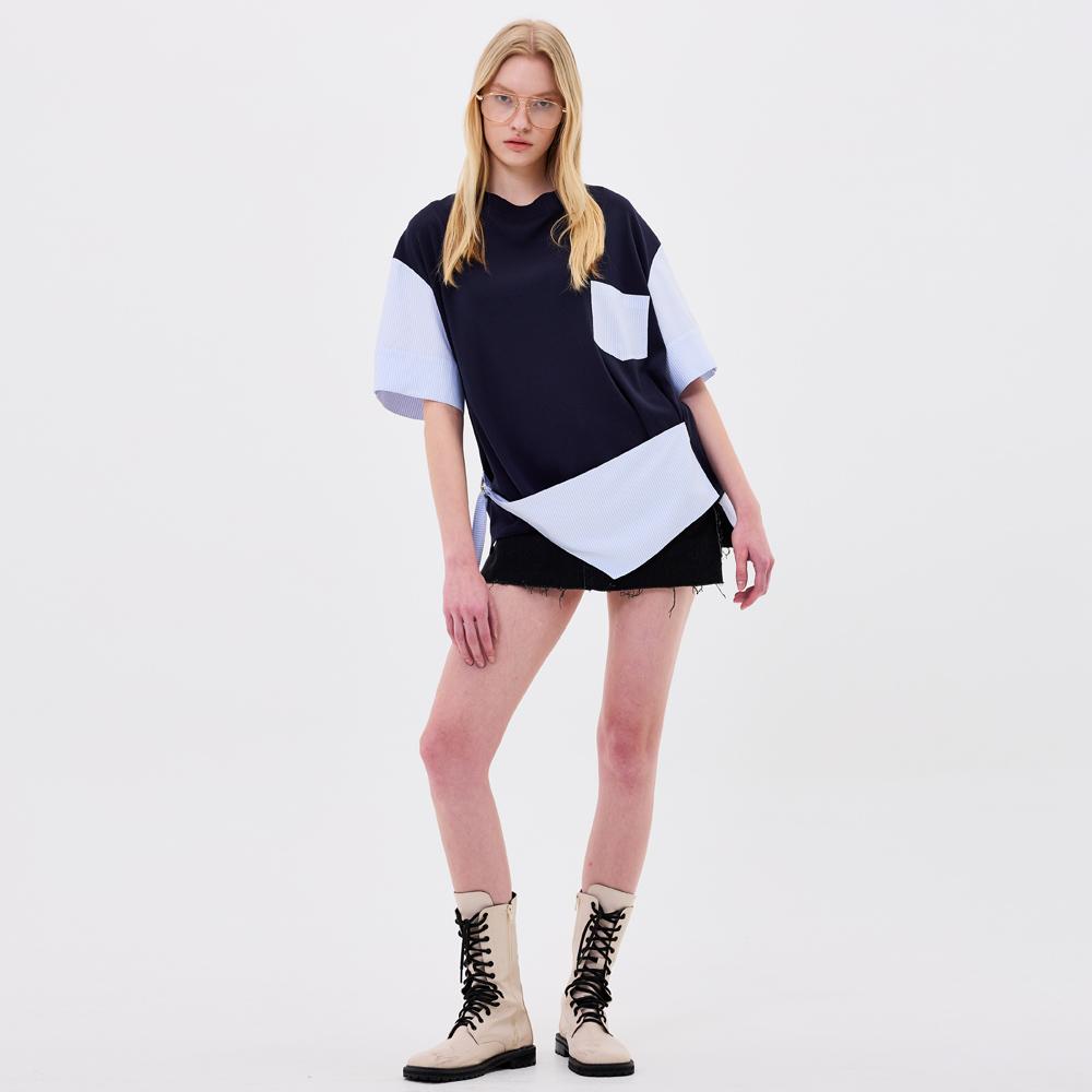 Bunderghost Asymmetrical Stripe Color Block Layered Short Sleeve T-Shirt Navy