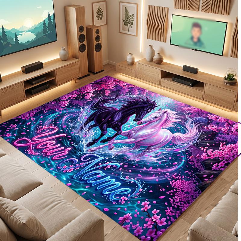 Horse Theme Soft Crystal Velvet Rug Custom Name & Text Print Non Slip Floor Rug for Bedroom Living Room