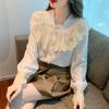 Spring Summer Vintage Women Shirts Lace Lolita Elegant Long Sleeve Flounce Blouse Office Lady Fashion
