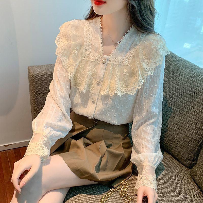 Spring Summer Vintage Women Shirts Lace Lolita Elegant Long Sleeve Flounce Blouse Office Lady Fashion
