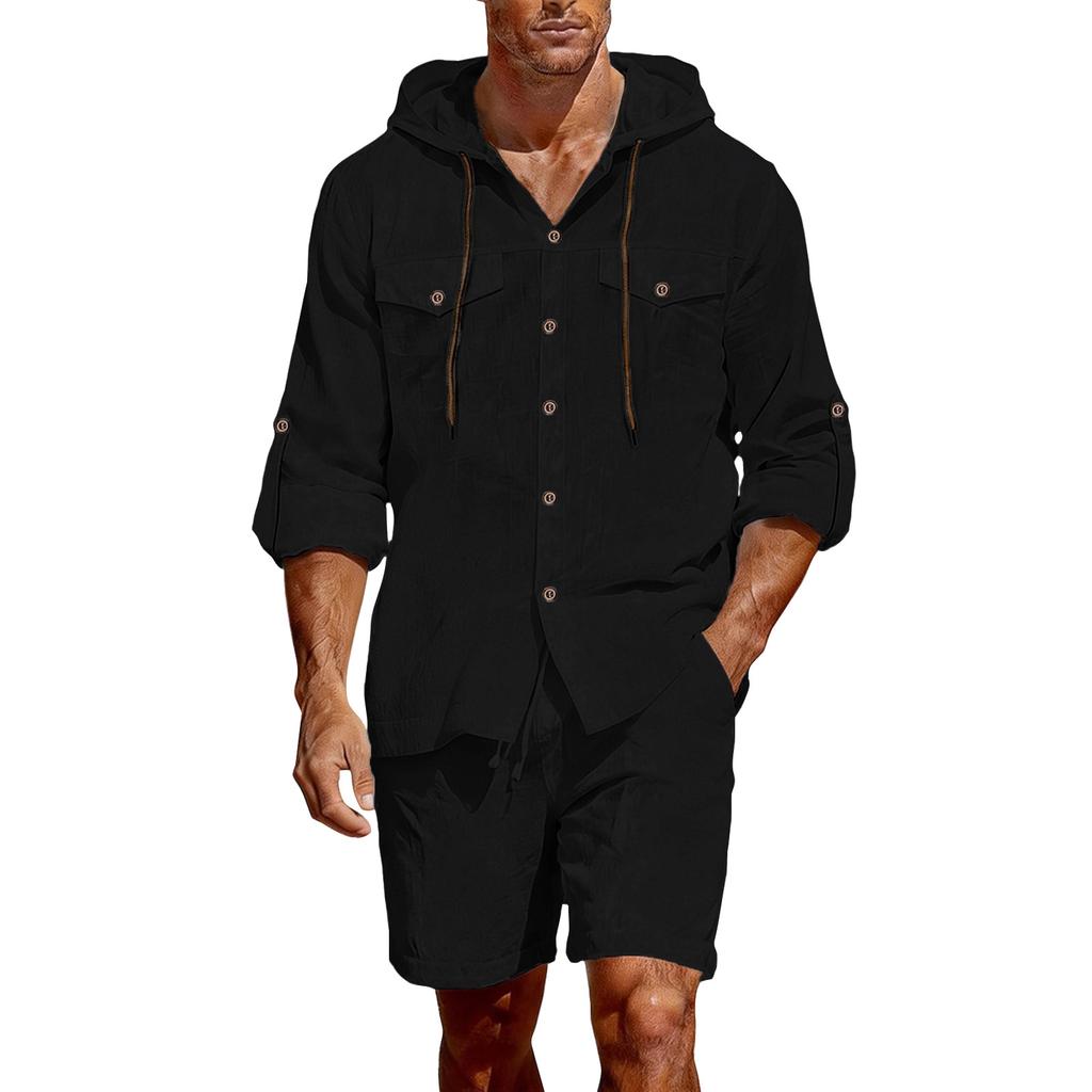 Men's Casual Linen Blend Two Piece Set with Long Sleeve Hooded Button Down Shirt and Drawstring Shorts for Summer Beachwear