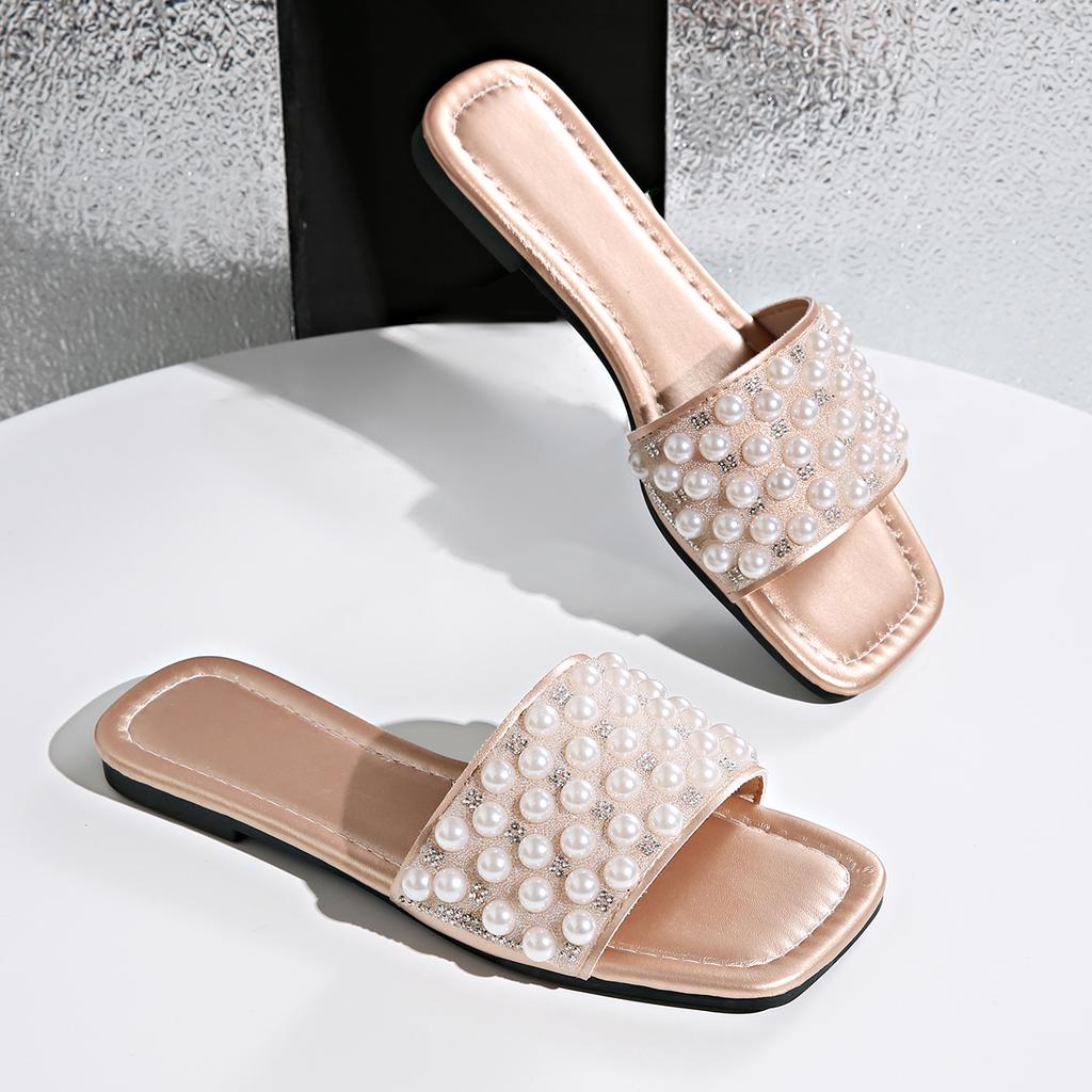 Fashion Summer New Flat Heel Rhinestone Slippers Women Fashion All-match Rhinestones Sandals Outdoor Beach Slides Slippers