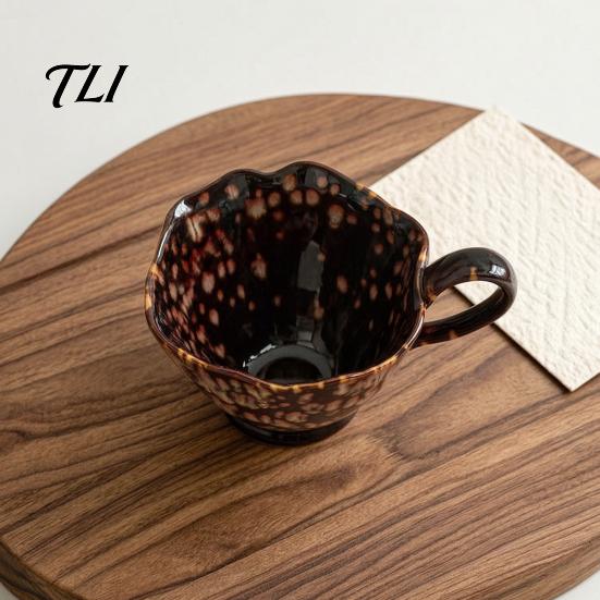 Vintage Style Afternoon Tea Mug Ceramic Coffee Mug, Reactive Glaze Latte Cup with Flow Pattern, Heat Resistant Hot Chocolate High Footed for