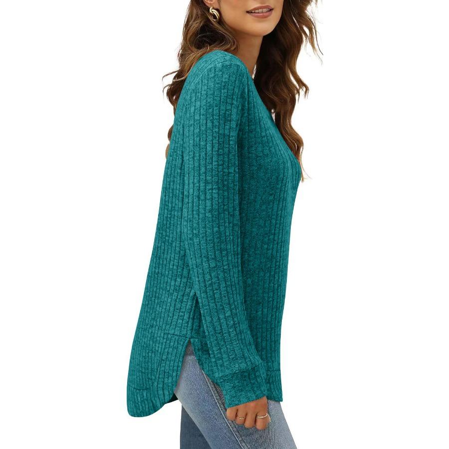 Autumn Winter Square Neck Stretch Rib Knit Top Solid Color Long Sleeve Loose T-shirt
