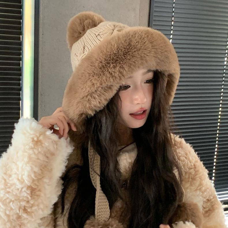 Plush Lei Feng Hat Women's Winter Plush Thickened Warm Ear Protection Riding Windproof and Cold-proof Wool Knitted Hat