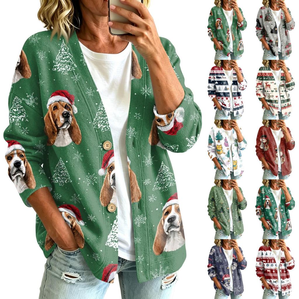 Damen Lässige Langarm-Jacke mit Weihnachtsdruck für festliche Feiertagspartys