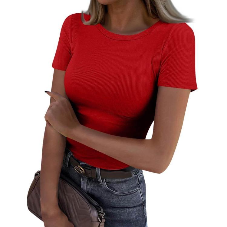 Fashion Ladies Slim Fit T-Shirt Casual Short Sleeve Round Neck Solid Color Pullover Top