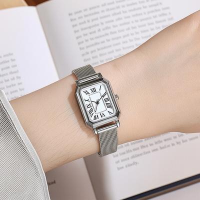 Damen Rechteckiges Zifferblatt Uhr Römische Ziffern Metall-Netzarmband Klassische Lässige Kleideruhr Damen Quarz Analog Armbanduhr