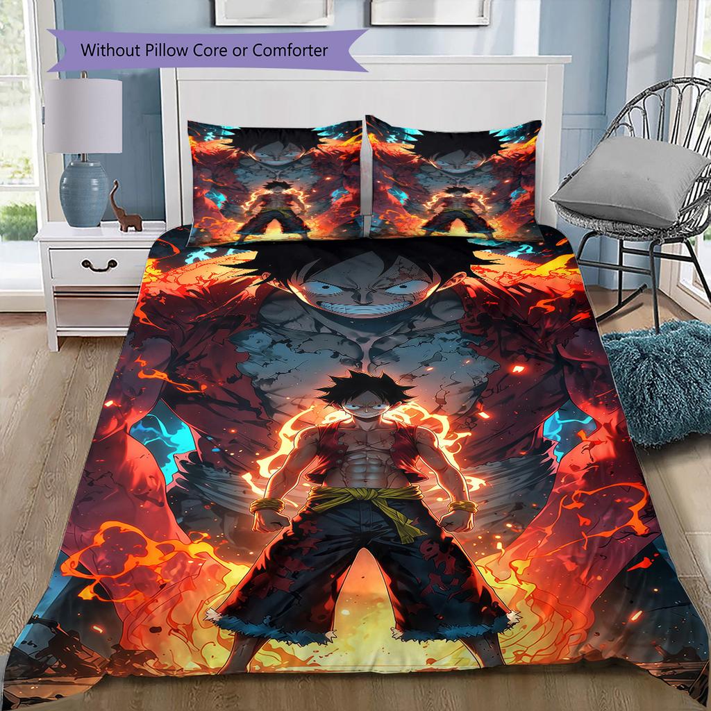 One Piece Anime Pattern Bedding Quilt Set Quilt Cover Pillowcase Home Birthday Gift(1 * Duvet Cover + 2 * Pillowcase, Without Core)