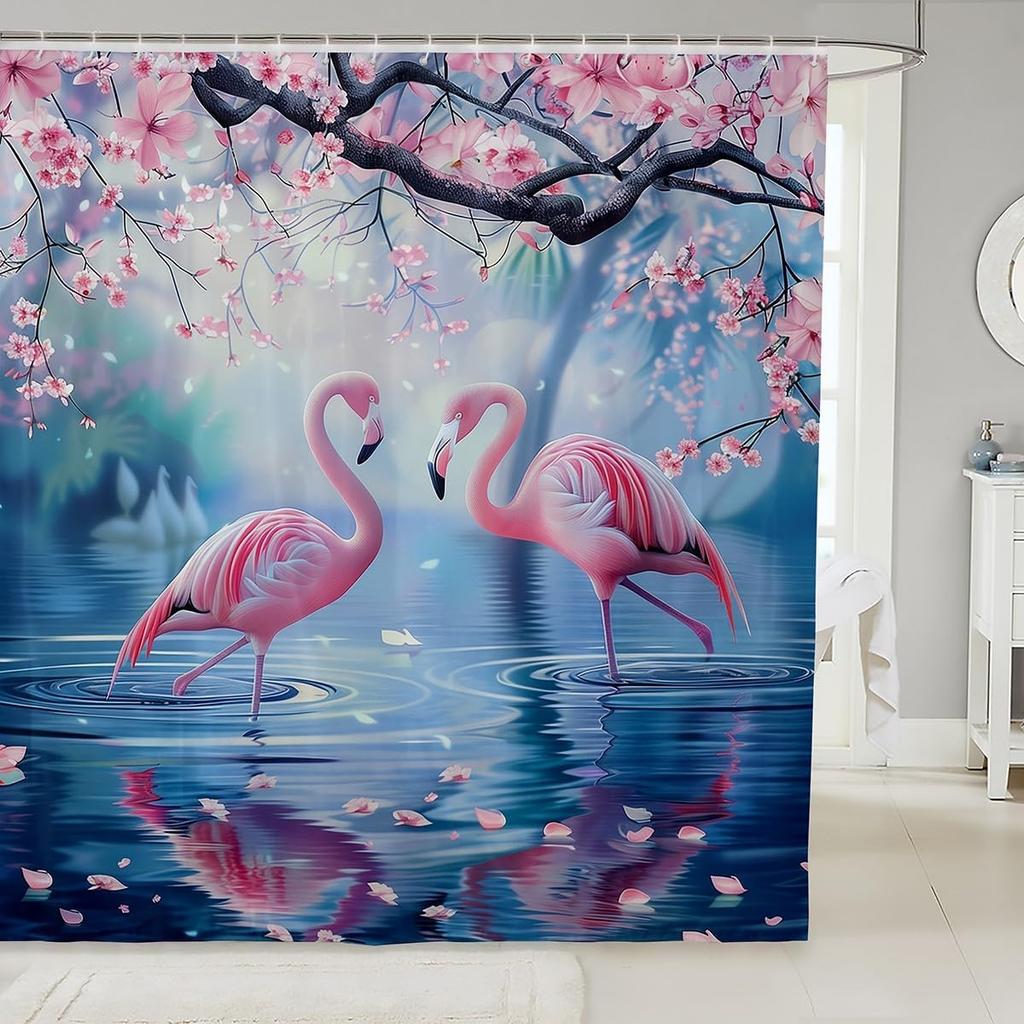 Japanese Style Bathroom Curtain Cherry BlossomShower Curtain for Girls Teen Women,Watercolor Mount Fuji Sakura Animal Aesthetics