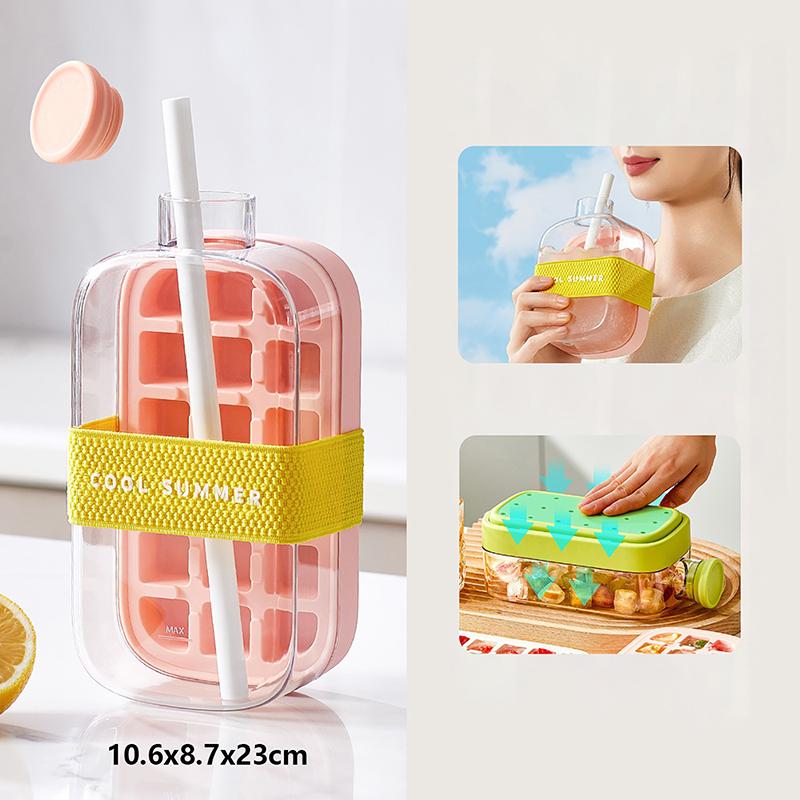 Tavă de Gheață de Vară cu Pai 2 în 1 Tavă de Gheață și Sticlă de Apă pentru Aparat de Gheață Fără Atingere Silicon Cub de Gheață Ceainic Portabil