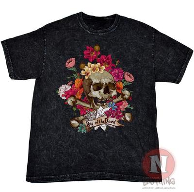 Day of the Dead Skull Flowers Art Retro Vintage Acid Mineral Wash Black T-shirt