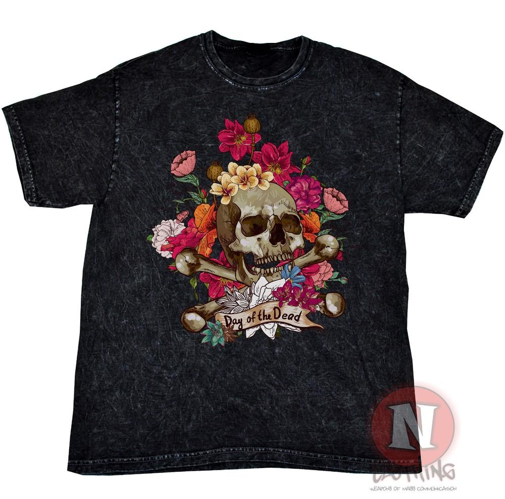 Day of the dead skull flowers art retro vintage acid mineral wash black t-shirt