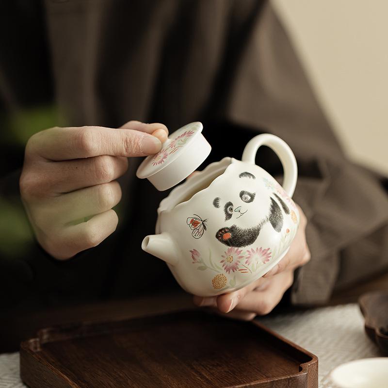 Panda & Butterfly Ceramic Teapot in Beige - Kung Fu Tea Set with Filter