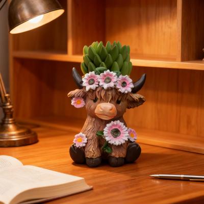 Hochlandkuh Vase Niedliche Kuh und Blume Harzvase Dekorativer Pflanztopf ohne Abzugsloch für Pflanzen Blumen Zuhause Außen Innen Dekor