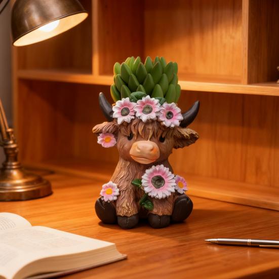 Highland Cow Vase Cute Cow And Flower Resin Vase Decorative Planter Without Drain Hole for Plants Flowers Home Outdoor Indoor Decor