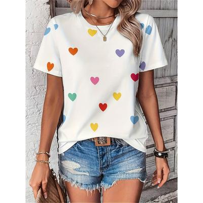 Damen Casual Kurzarm Top Herzbedruckt Damen Niedlicher Stil Kurzarm T-Shirt Sommer Zuhause Kurzarm Damen T-Shirt Tees
