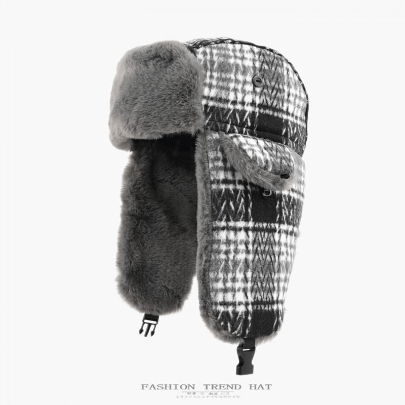 Unisex Retro Plaid Fleece Lined Beanie Hat Winter Warm Ear Protection Cap Cycling Outdoor