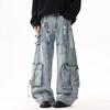 Heavy Industry Streamer Men's and Women's High Street Ripped Multi-pocket Jeans American Deconstruction Tooling Heavy-duty Wide-leg Trousers