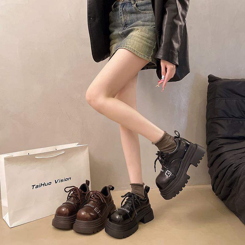 European Station Platform Big Head Loafers Women's Shoes 2025 Spring New British Style Heightening Small Leather Shoes Lace-up Single Shoes