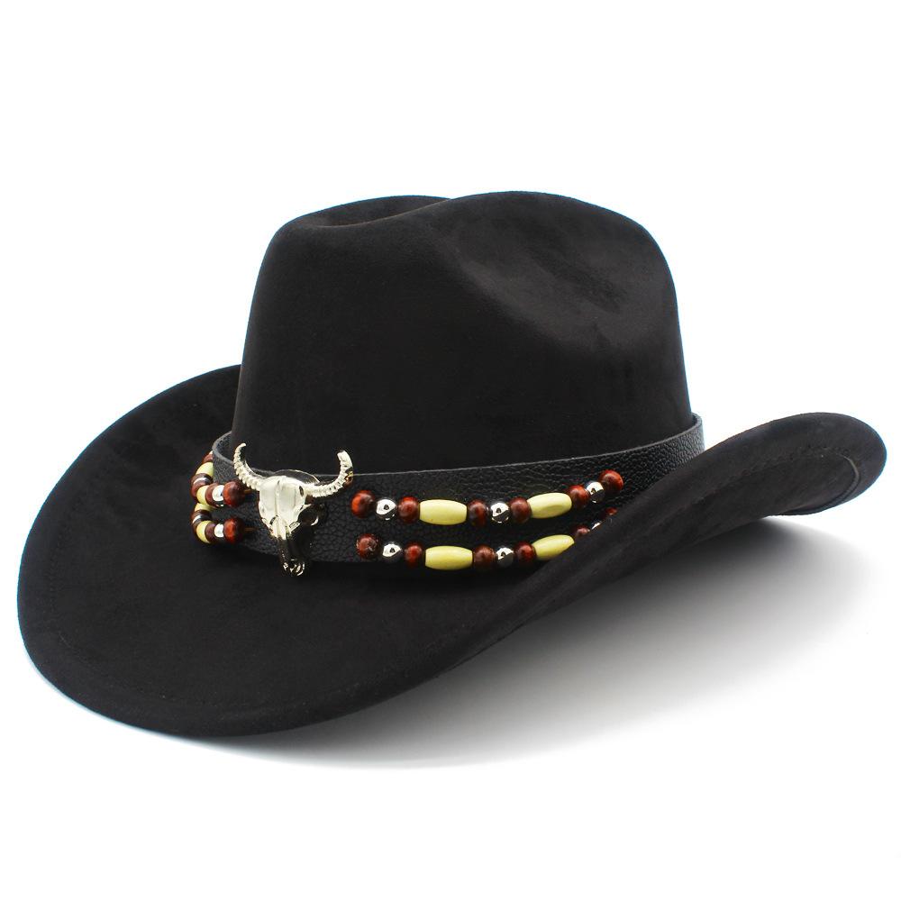 European and American Retro Ethnic Style Suede Top Hat Fashion Big Eaves Western Cowboy Hat Personalized Bull Head Tibetan Jazz Hat