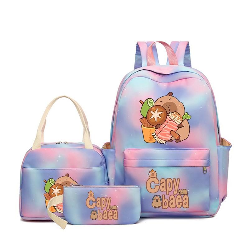 Capybara Cartoon Kids School Backpack Set With Pencil Case Lunch Bag - Large Capacity Breathable Waterproof Oxford Fabric