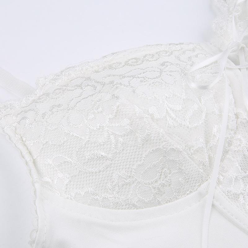 Purely Sweet and Spicy Lace Patchwork Bow Suspender Sexy Perspective Cross Strap Strapless Hot Girl Corset with Design Sense of Ultra-short Vest