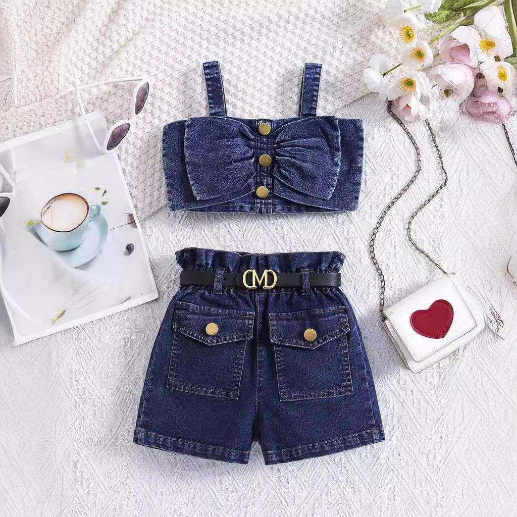 Girls' Fashion Set, Summer Children's Casual Square Neck Lantern Sleeve Top, Patterned Pleated Skirt Set