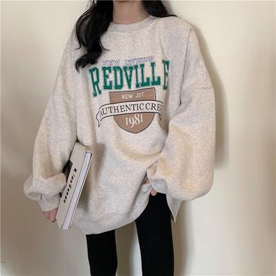 Damen Langarm Samt Hoodie Damen Übergroße O-Ausschnitt Lose Buchstaben Gedruckt Sweatshirt Tops für Studentinnen