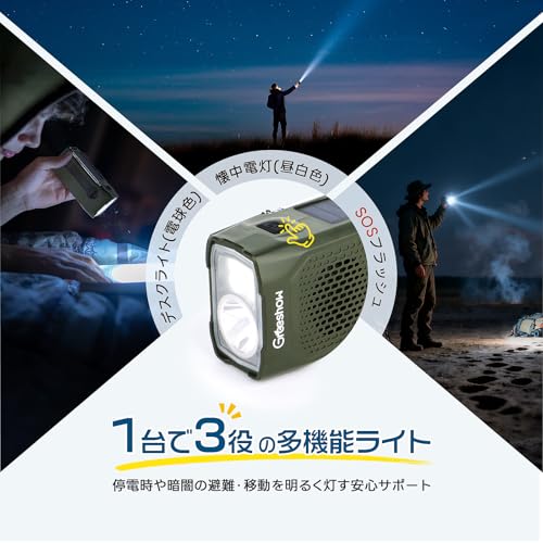 Greeshow GS-298 Multi-Function Emergency Radio with Hand-Crank Charging, FM/AM/SW Compatible, Solar/USB Charging, Fast Smartphone Charging, IPX4 Water