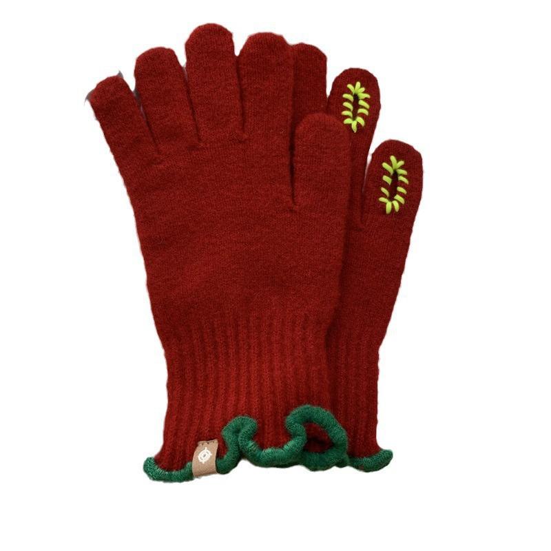 Fashionable Five-finger Glutinous Autumn and Winter Touch Screen Reveals Two Finger Warm Soft Women's Cute Wool Wool