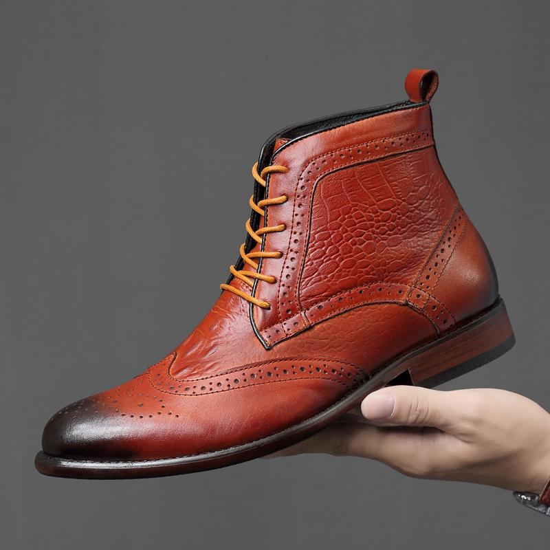 Men's Brogue Ankle Boots: Carved Cowhide High-Top, Pointed Toe, Autumn/Winter Fashion, Large Size.