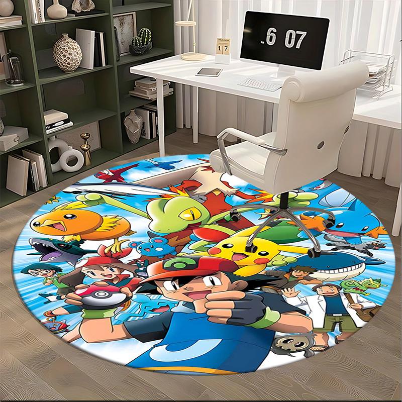 1pc Pokemon Pikachu & Friends Anime Cartoon Design Round Carpet for Office Chair Mat, Non-Slip Rug Suitable for Home Decor, Living Room, Bedroom, Game