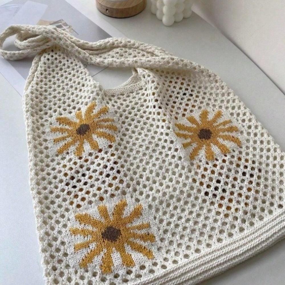 Large Capacity Beach Knitting Bag Flowers Pattern Hollow Shoulder Bag Crochet Tote Bag  Office