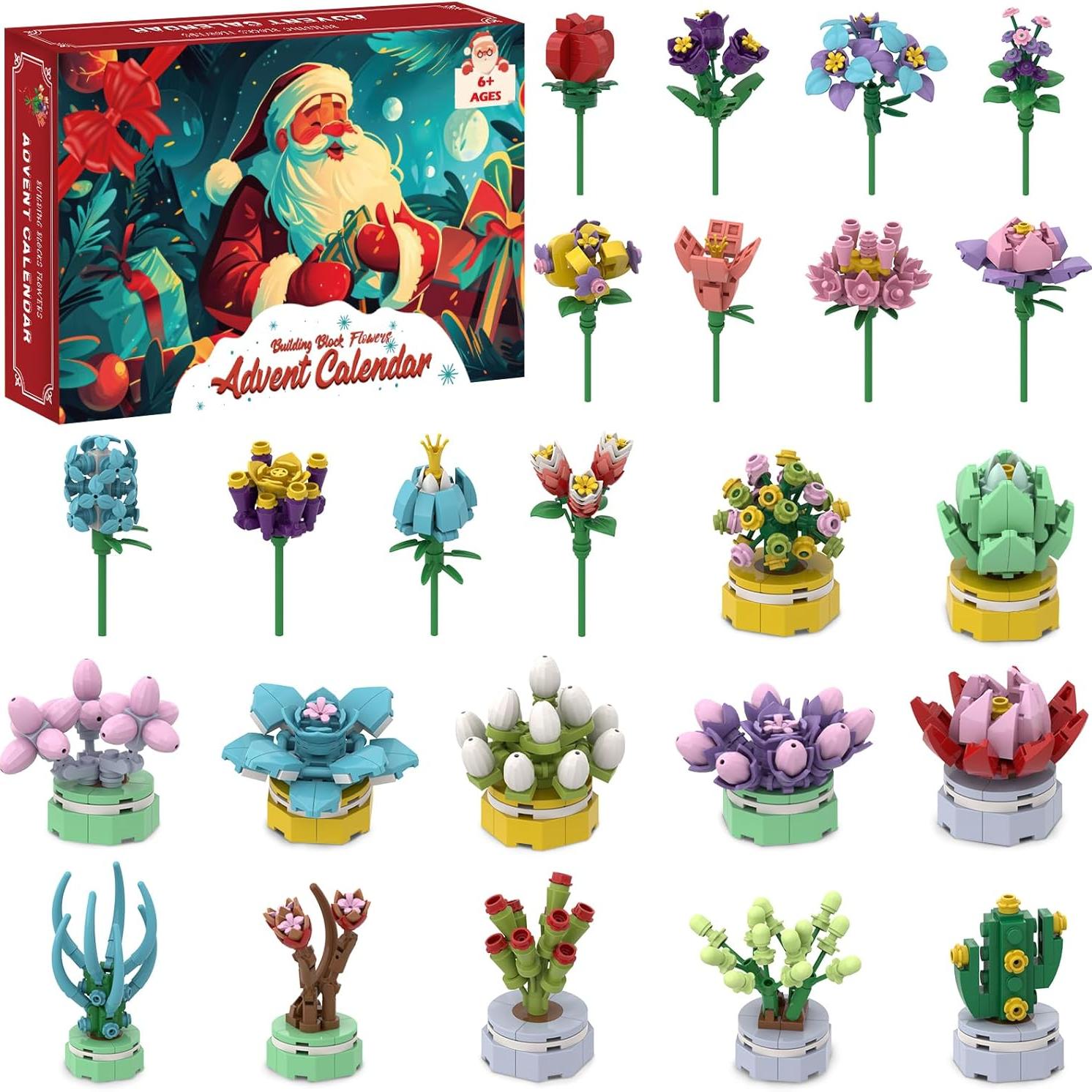 

Адвент-календарь 2025 24 вида цветов и суккулентов из строительных блоков для детей, 24 дня рождественского обратного отсчета, строительные блоки