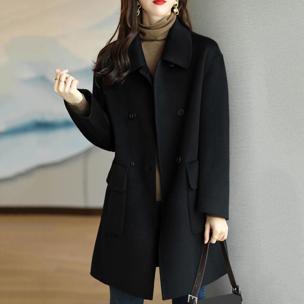 Women Jacket Turn-down Collar Long Sleeves Double-breasted Windbreaker Relaxed Fit Pockets Mid Length Outdoor Activity Travel Commuting Overcoa