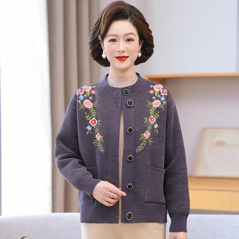 Autumn and Winter Knitwear: Fleece-Lined Cardigan for Middle-Aged and Elderly Women, Featuring Grandma Sweater and Mom's Outfit Styles.