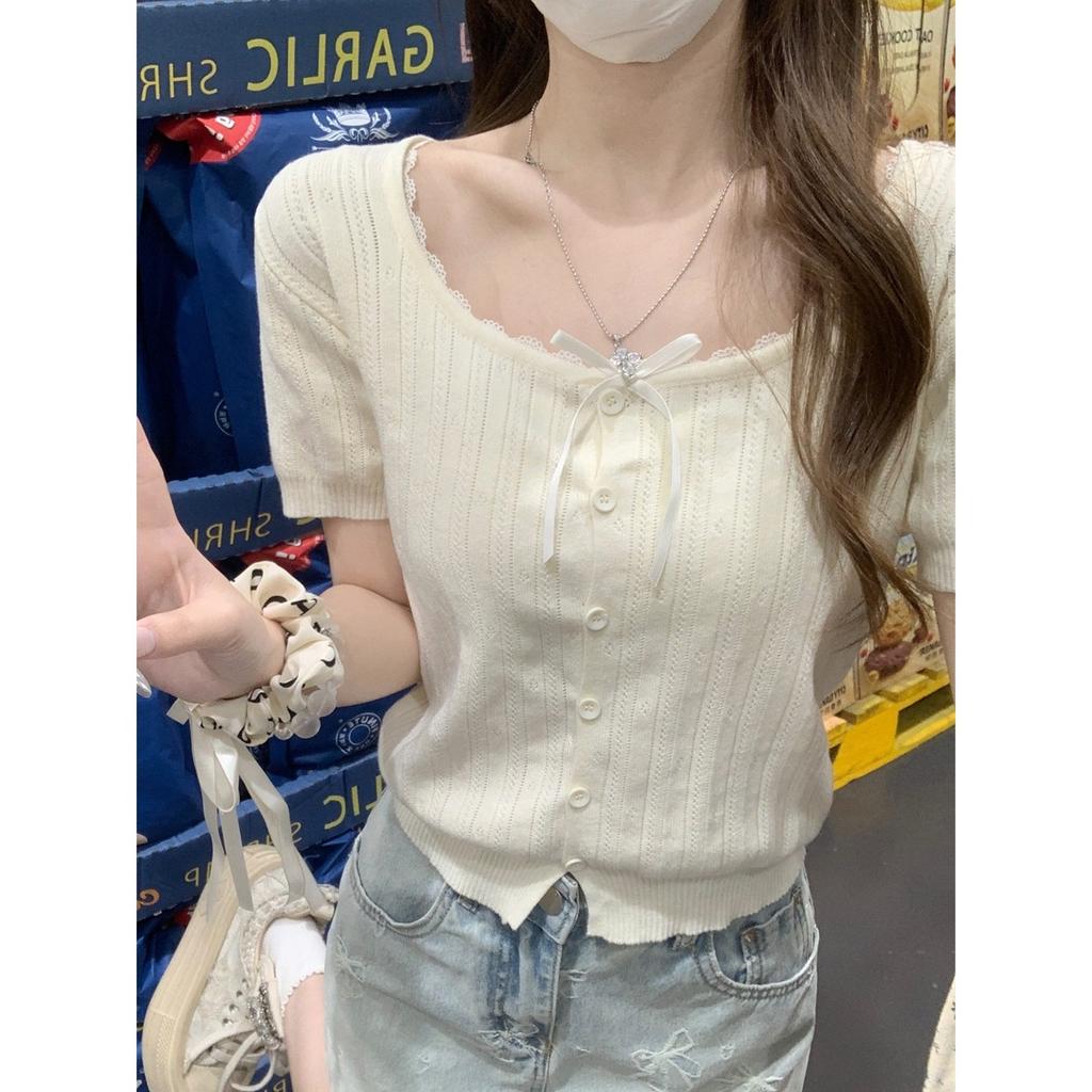Bow Lace Knitted Sweater Short Sleeve Women's Summer Niche Square Neck Button Bottom T-Shirt Small Short Top