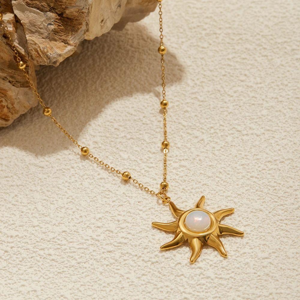 Bohemian 18K Gold Plated Necklace Stainless Steel Double Stacked Neck Chain Sun Pendant  Beach