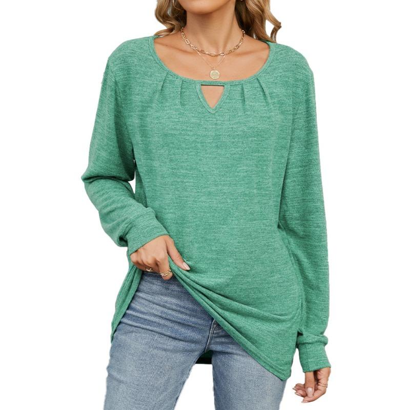 Autumn Winter Solid Color Wrinkled Brushed Hollow Loose Long Sleeved T-shirt for Women Shirt