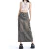 Women's Denim Cargo Skirt with Pocket High Waist Slit Retro Midi Skirt Y2K Clothing Casual Fashion All-match Spring Summer