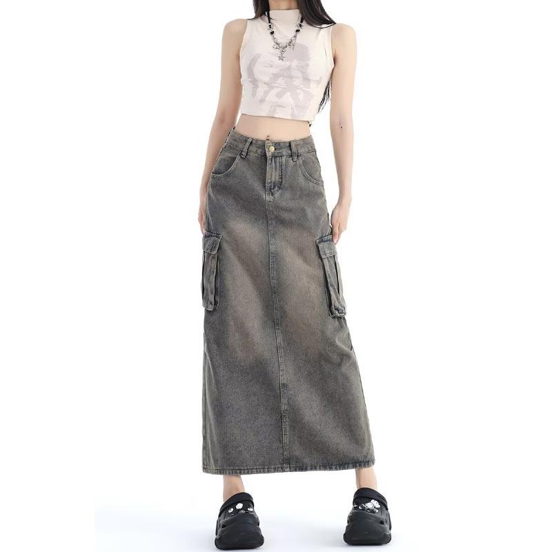Women's Denim Cargo Skirt with Pocket High Waist Slit Retro Midi Skirt Y2K Clothing Casual Fashion All-match Spring Summer